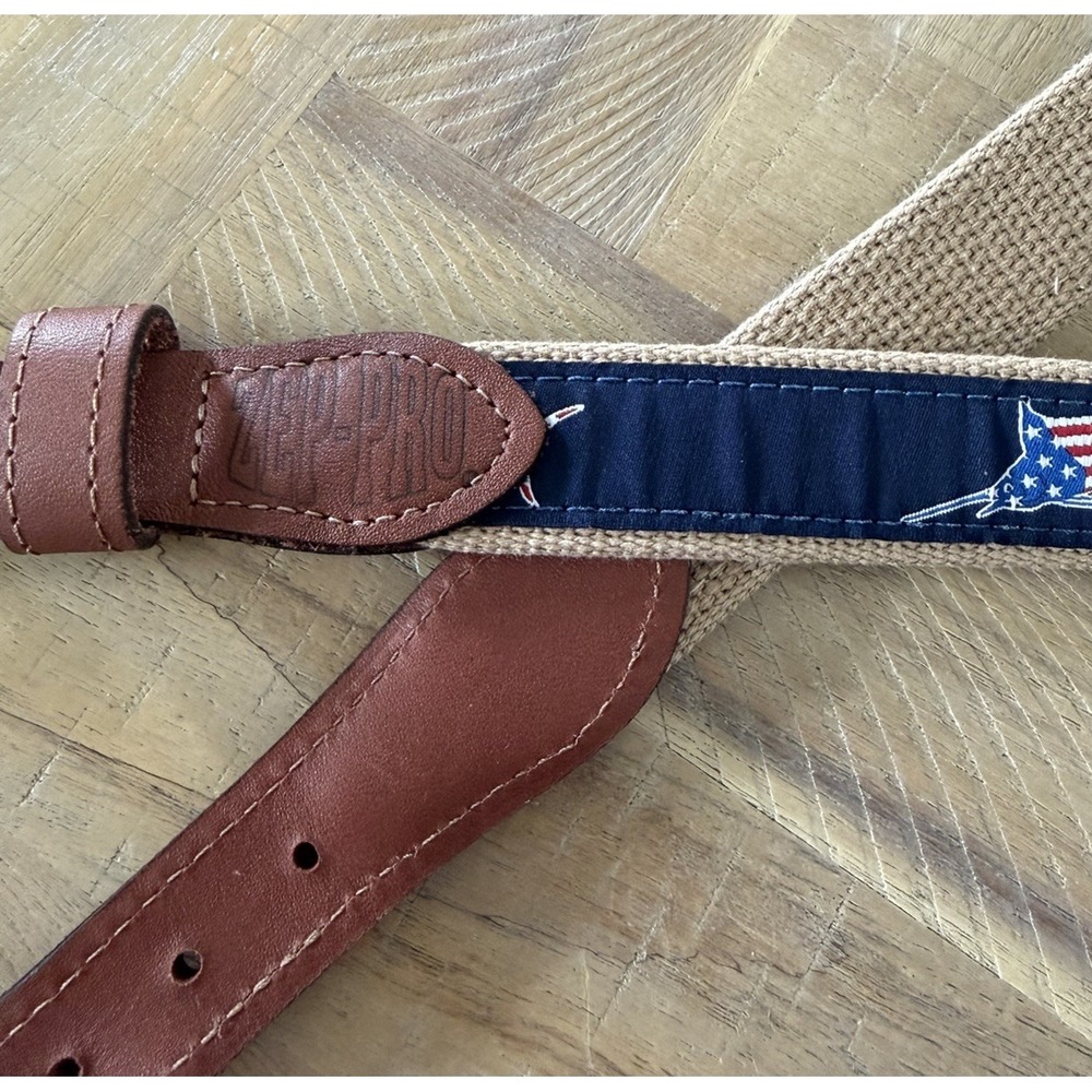 Mens Zeppro belt Swordfish Leather Woven Nautical Embroidered 42 USA Brass Zep - Picture 5 of 5
